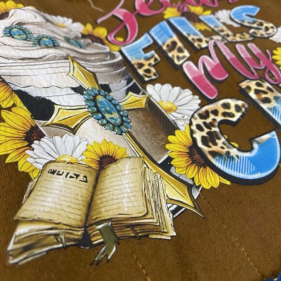 Upcycled Denim Jacket Womens Sz Large Christian Coffee Grunge Patchwork Folk Art - Picture 16 of 16